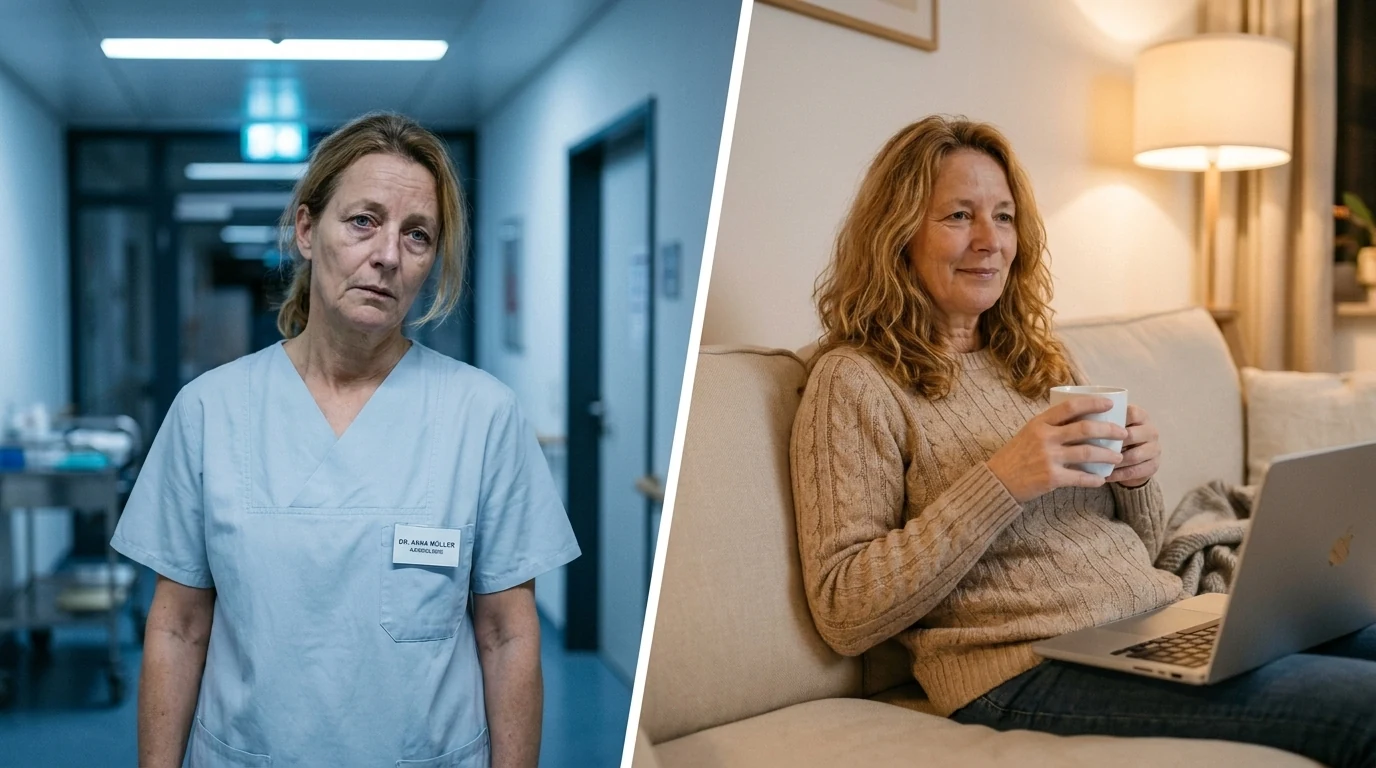 Splitscreen: Frau gestresst vor komplexem Marketing-Dashboard im Büro – versus dieselbe Frau ruhig zu Hause auf dem Sofa mit einer einzigen PDF auf dem Laptop.
